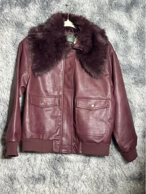 Burgundy Faux Leather Bomber Jacket w Removable Fur Collar